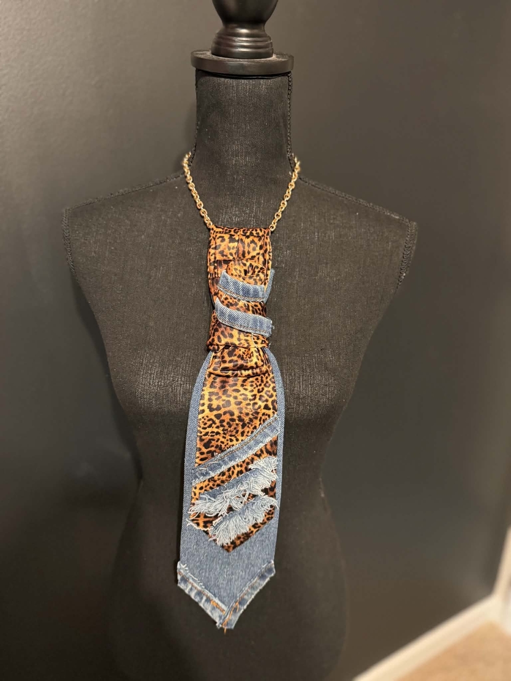 Leopard Print and Denim Tie Necklace - Brown